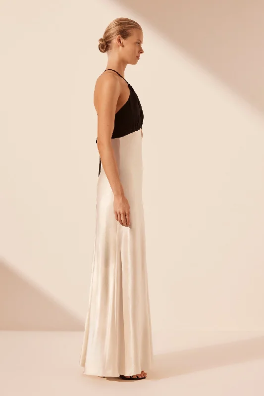 LINO CROSS BACK HALTER MAXI DRESS - CREAM/BLACK