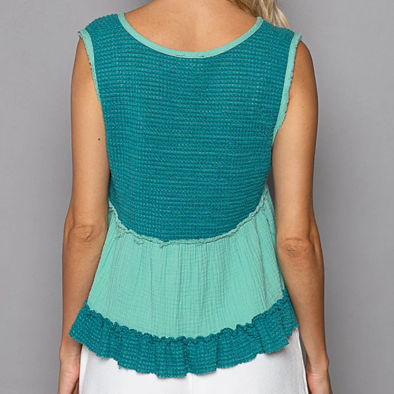 POL Women's Mint 2-Tone Knit Babydoll Tank