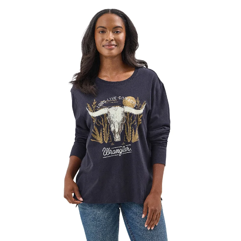 Wrangler Women's Navy Long Sleeve Steer Skull