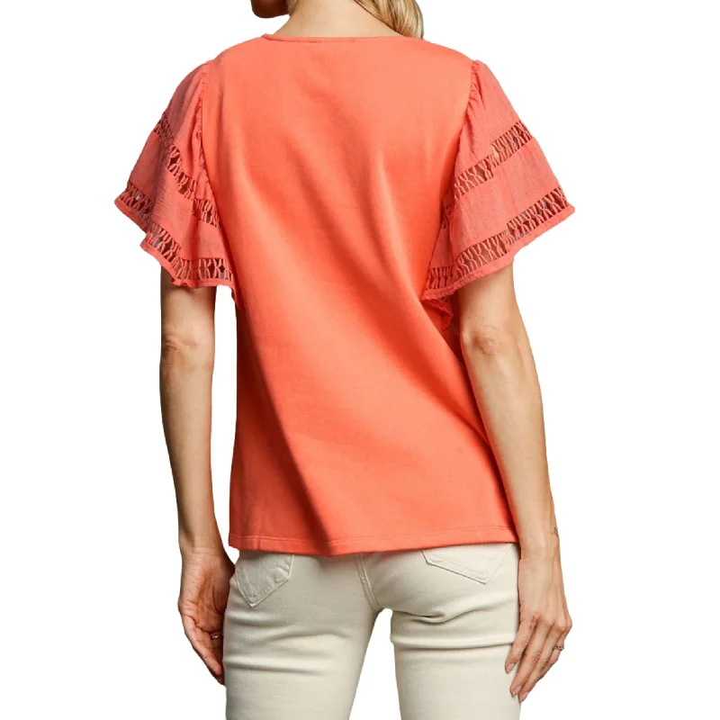 Umgee Women's Coral Crocheted Short Sleeve Shirt