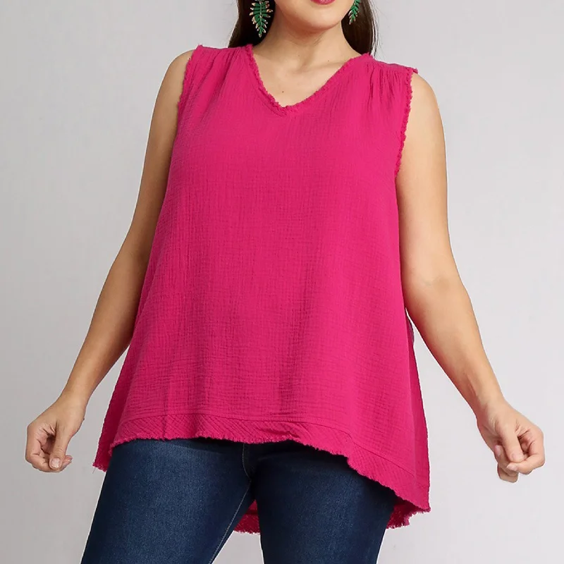 Umgee Women's Magenta Sleeveless V-Neck Frayed Top