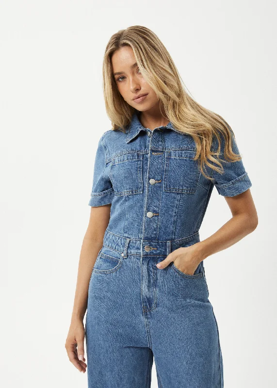 AFENDS Womens Miami - Denim Flared Leg Jumpsuit - Worn Blue