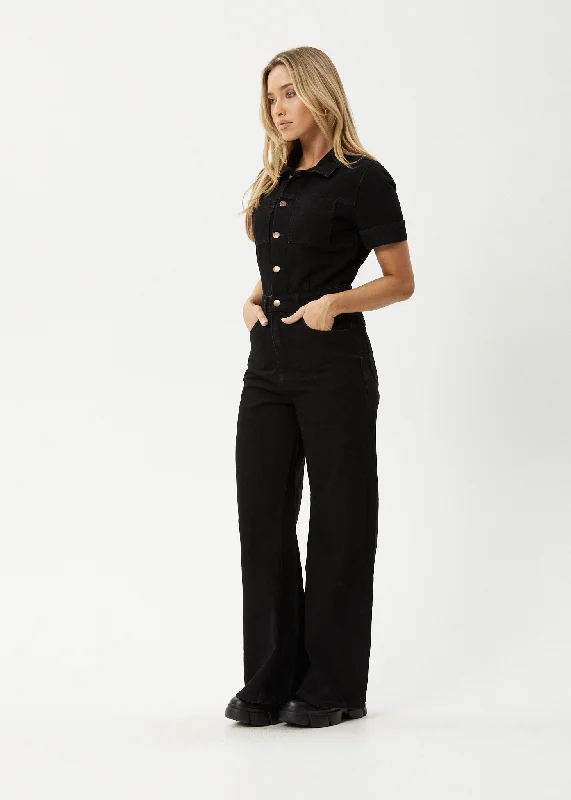 AFENDS Womens Miami - Denim Flared Leg Jumpsuit - Washed Black