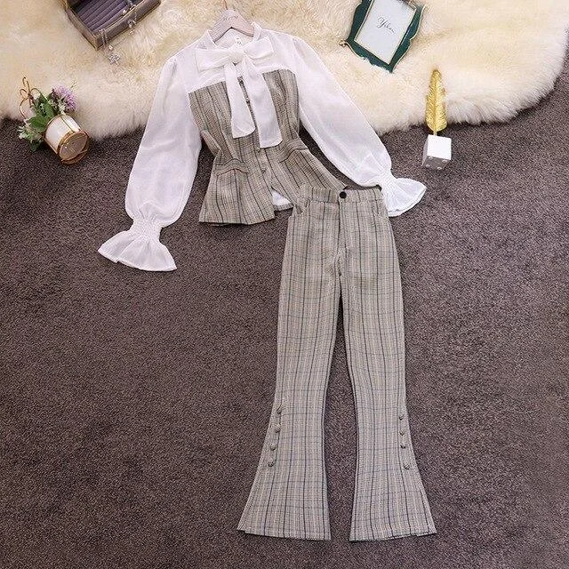 Plaid Patchwork Women's Suit With Flared Pants