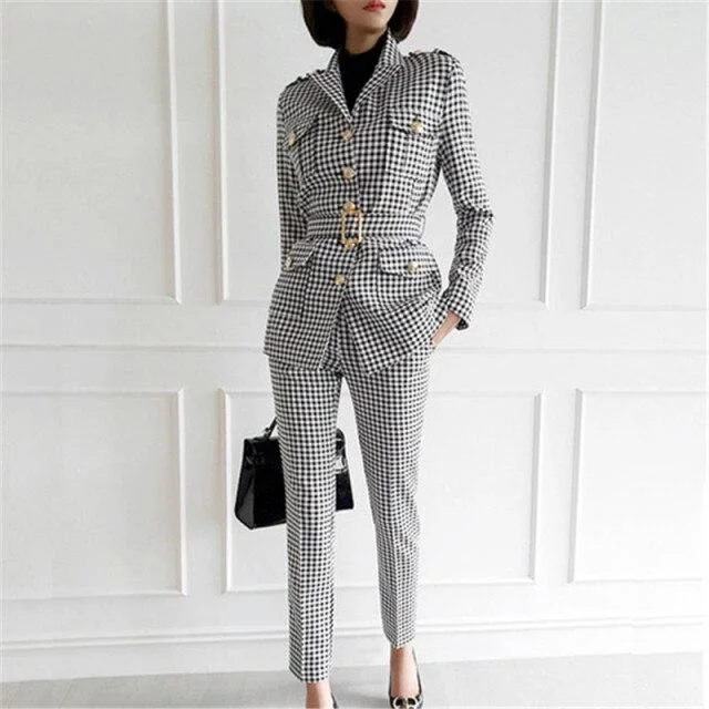 Plaid Women's Pants Suit, Slim Fit