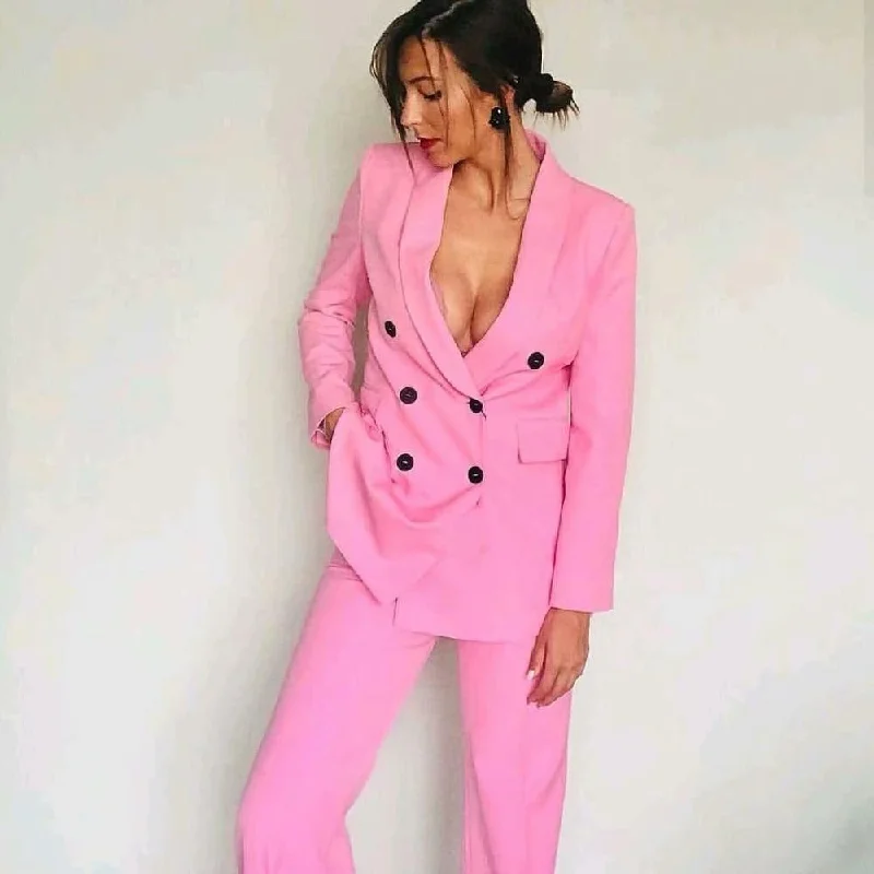 Women Pants Suit, double Breasted Women Suit, Pink