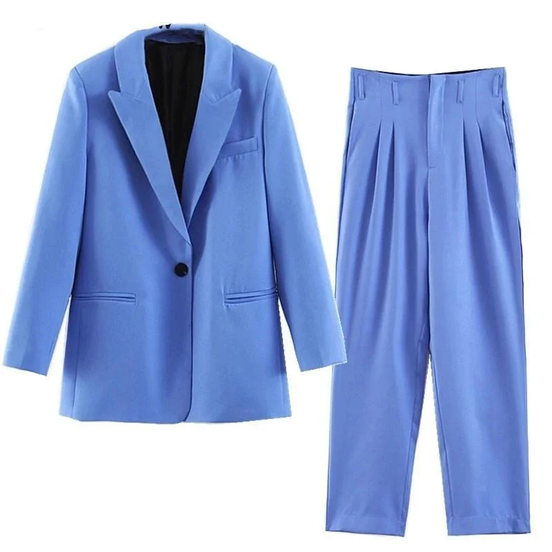 Women Pants Suit, One Button Suit, Pleated Pants, Blue