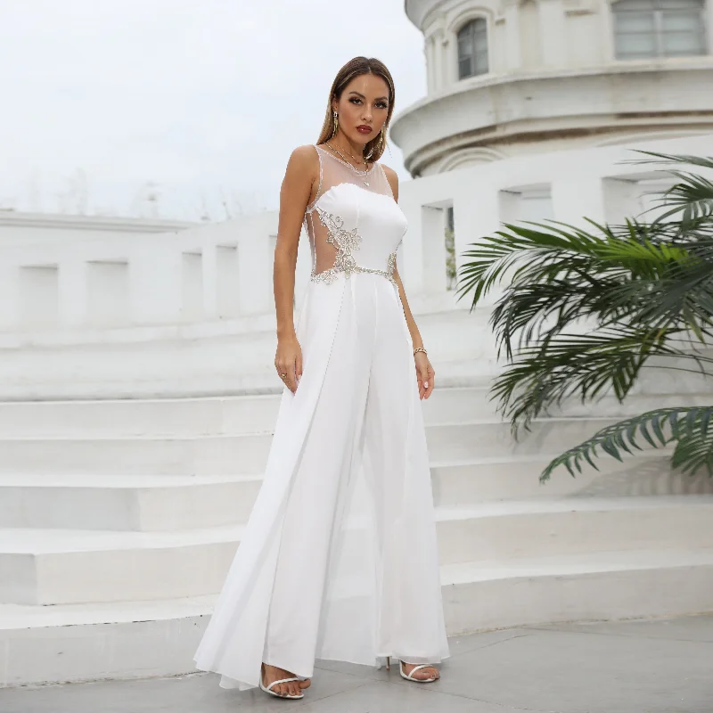 FashionSierra - Mesh Hollow Stitching Ladies Jumpsuits White Loose Prom Ball Gowns