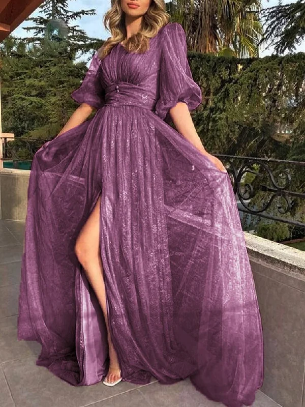 FashionSierra - New Style Sexy Lace Purple Mesh Half Sleeved Prom Dresses