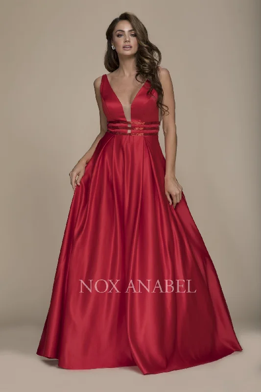 CLASSICAL V-NECK TRIPLE WAISTBAND SLEEVELESS SATIN PROM GOWN M130 BY NARIANNA