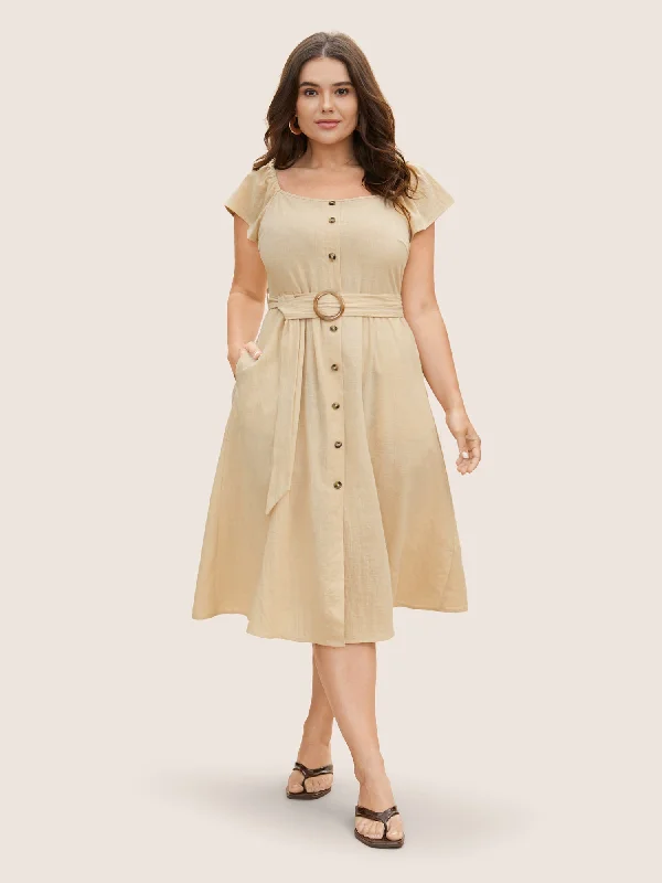 Cotton Solid Buckle Detail Ruffle Cap Sleeve Dress