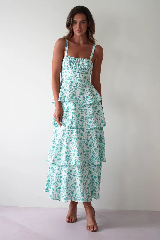 Emily Floral Ruffle Maxi Dress | Green/White