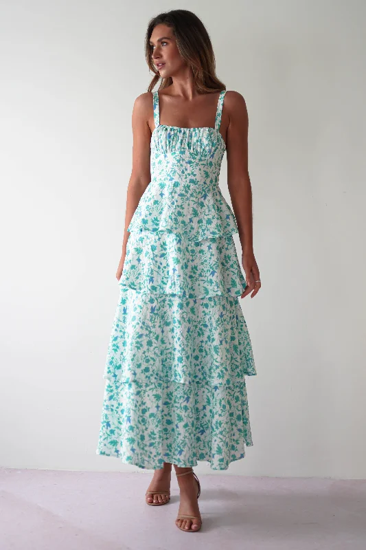 Emily Floral Ruffle Maxi Dress | Green/White