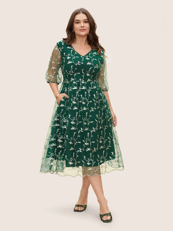 Floral Embroidered Mesh Lantern Sleeve Dress