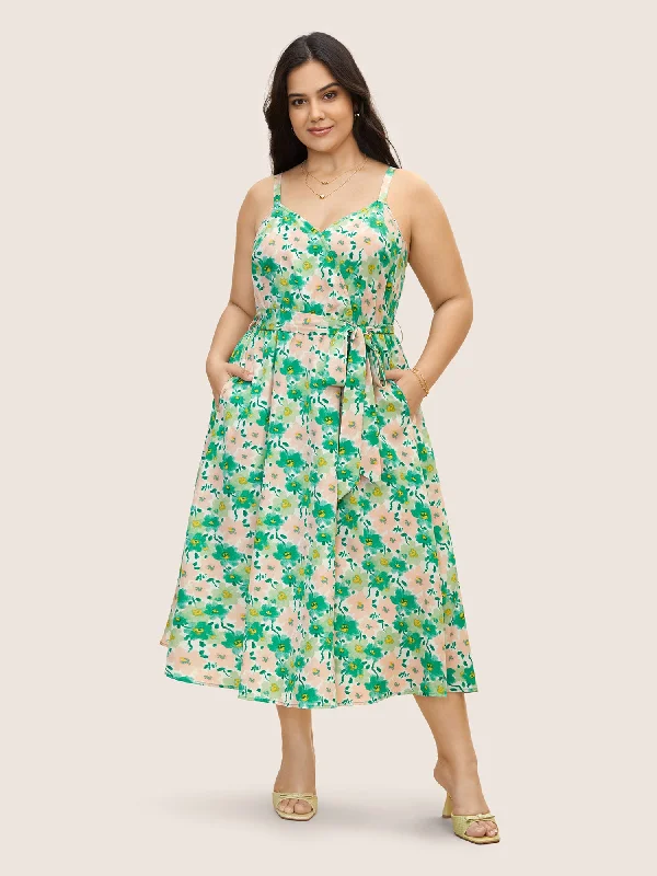 Floral Surplice Neck Belted Midi Dress