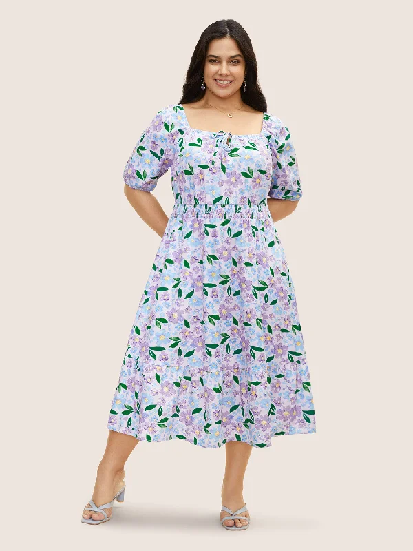 Floral Tie Knot Lantern Sleeve Midi Dress