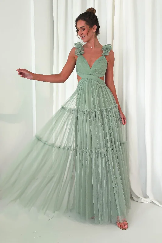 Galiena Ruffle Tulle Maxi Dress | Sage Green