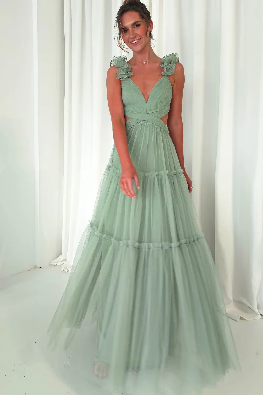 Galiena Ruffle Tulle Maxi Dress | Sage Green