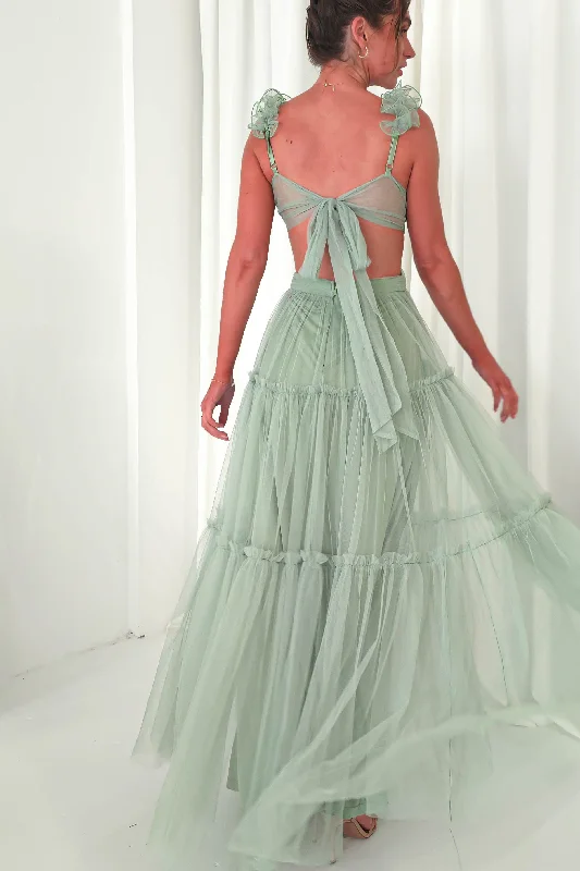 Galiena Ruffle Tulle Maxi Dress | Sage Green