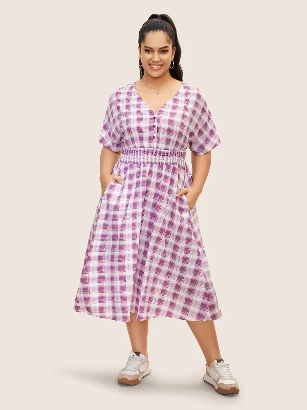 Gingham Shirred Button Up Dolman Sleeve Dress