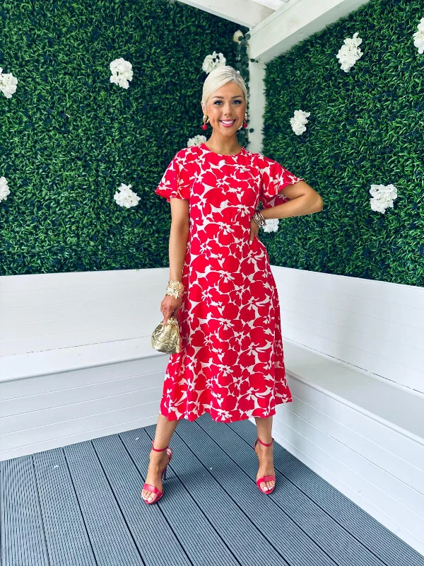 Mariah Angel Sleeve Midi Dress Floral red