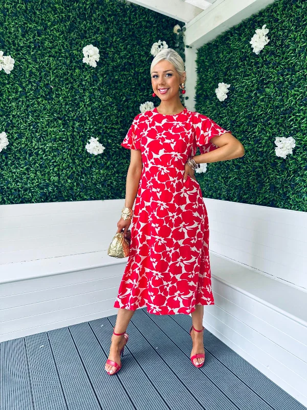 Mariah Angel Sleeve Midi Dress Floral red