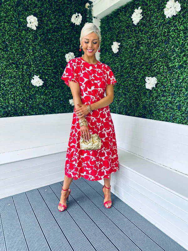 Mariah Angel Sleeve Midi Dress Floral red