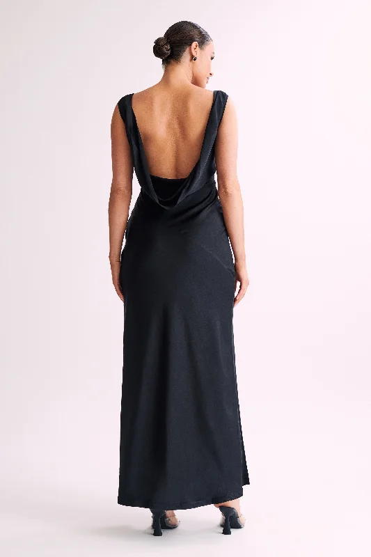 Nadia Maxi Satin Dress With Back Cowl - Black