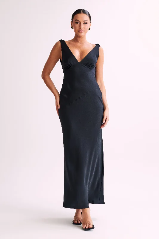 Nadia Maxi Satin Dress With Back Cowl - Black