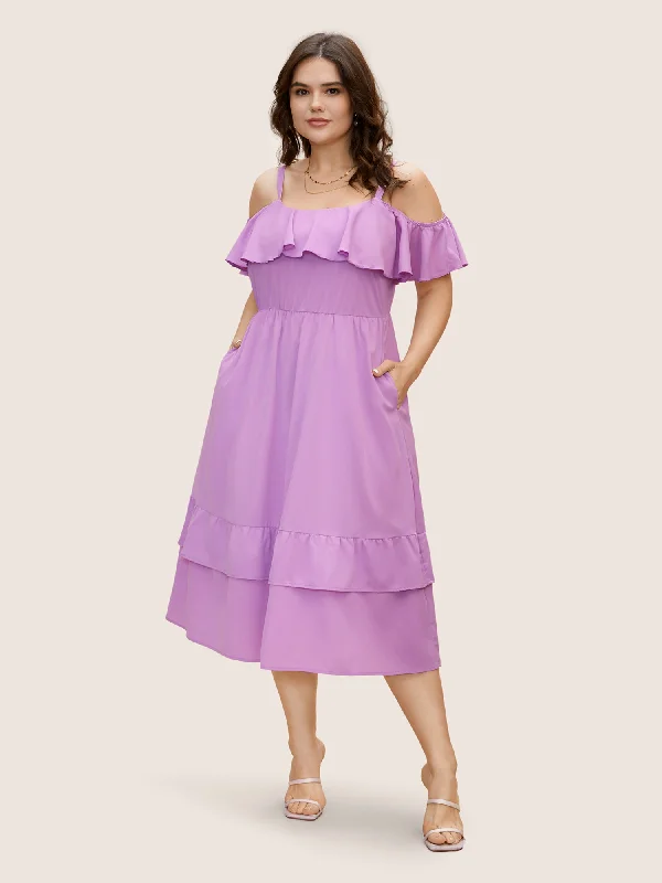 Off Shoulder Neck Tiered Ruffles Midi Dress