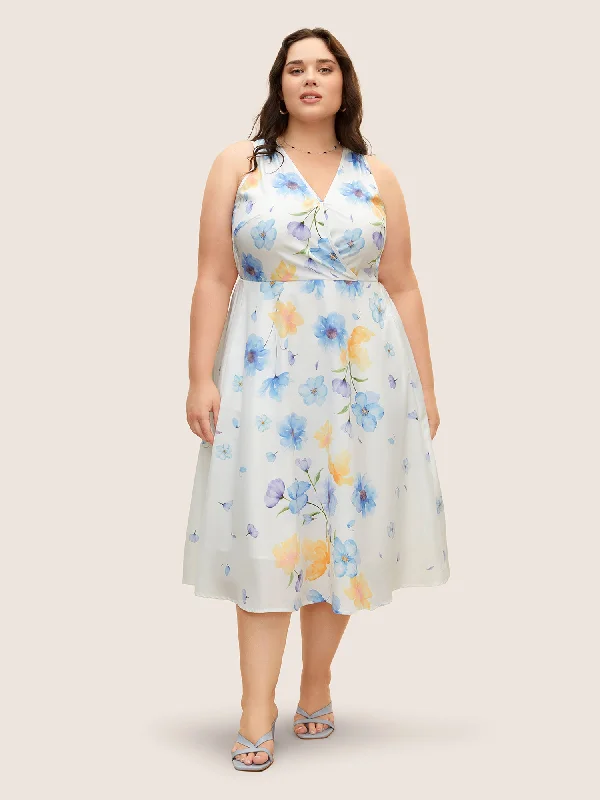 Overlap Collar Watercolor Floral Sleeveless Dress