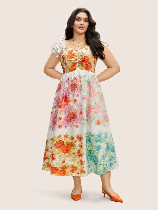 Patchwork Floral Tiered Ruffle Sleeve Dress