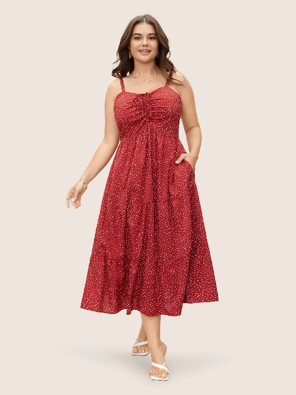 Polka Dot Drawstring Ruffle Layered Hem Dress