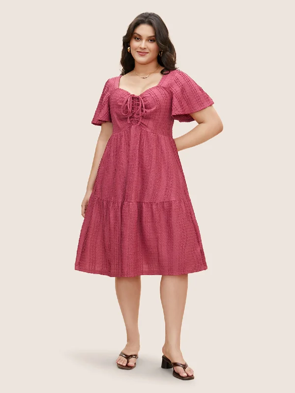 Textured Heart Neckline Ruffle Sleeve Dress