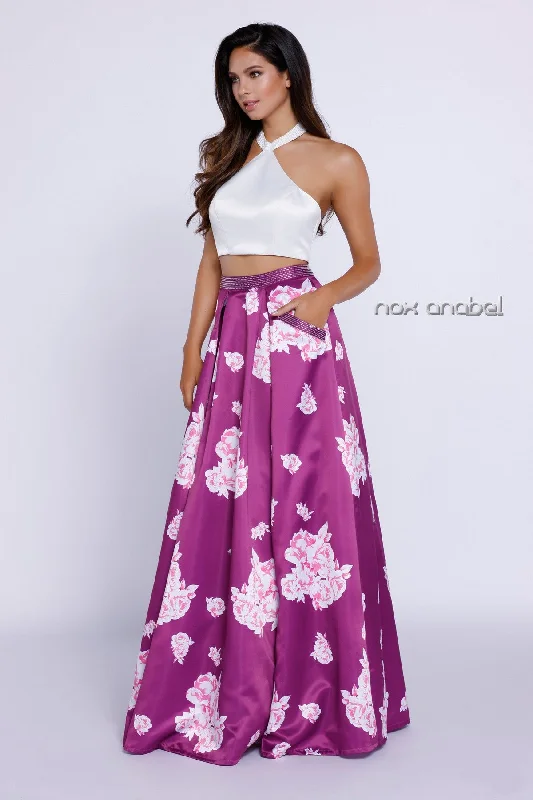 TWO-PIECE SLEEK HALTER TOP WITH A-LINE FLORAL EVENING GOWN 8245 BY NARIANNA