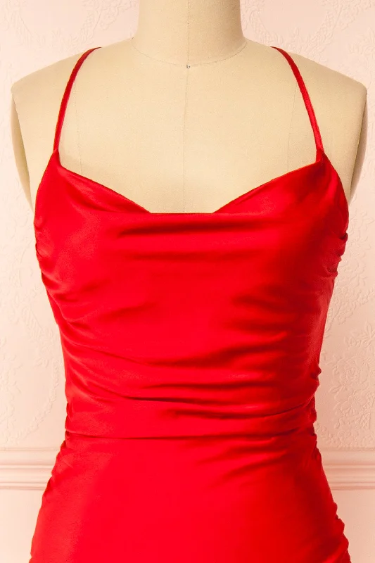 Amana Red | Maxi Satin Dress w/ Cowl Neck