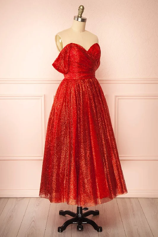 Anastriana Red | Sparkly Off-Shoulder Midi Dress