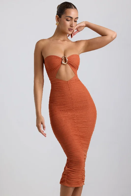 Ruched Hardware Detail Strapless Midaxi Dress in Burnt Orange