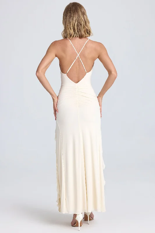 Ruched Ruffle-Trim Maxi Dress in Ivory