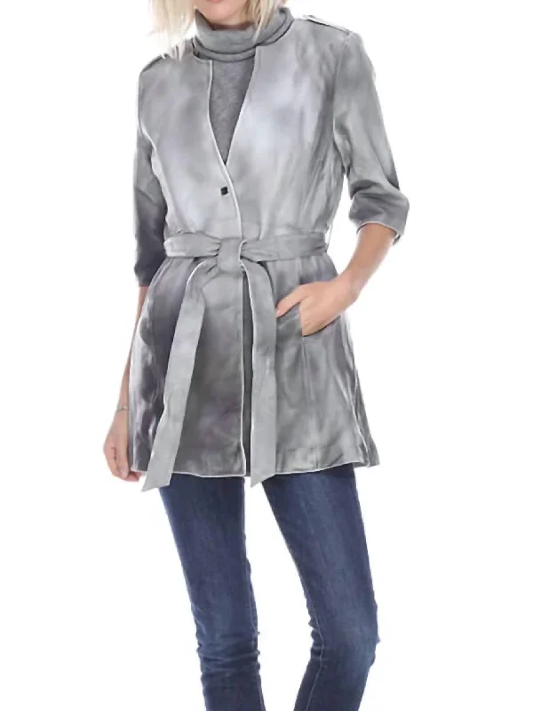 Dip Dye Long Leather Coat In Grey