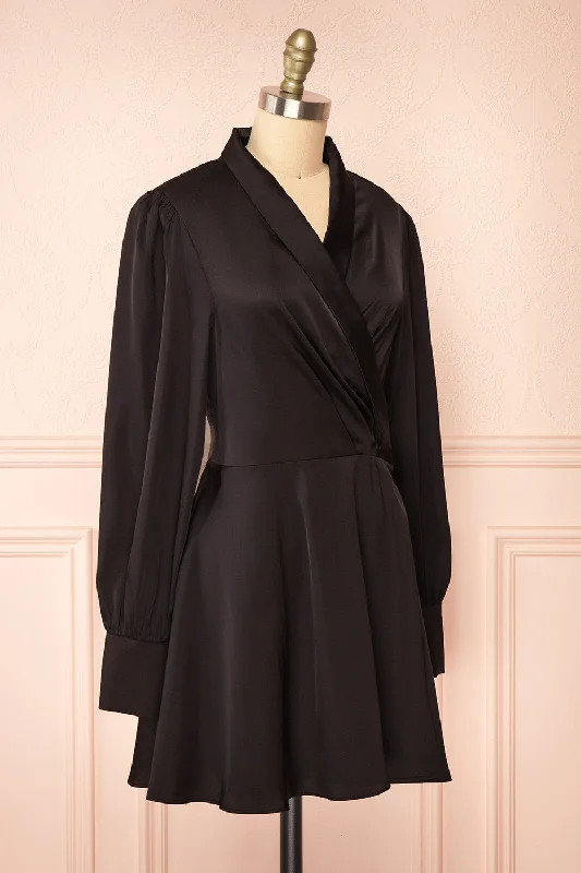 Felestine Black | Short Satin Wrap Dress