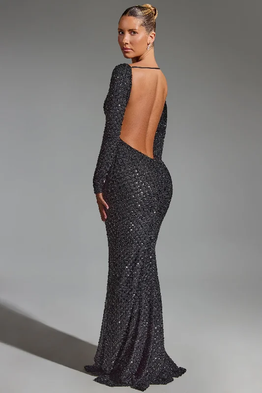 Embellished Open-Back Gown in Black