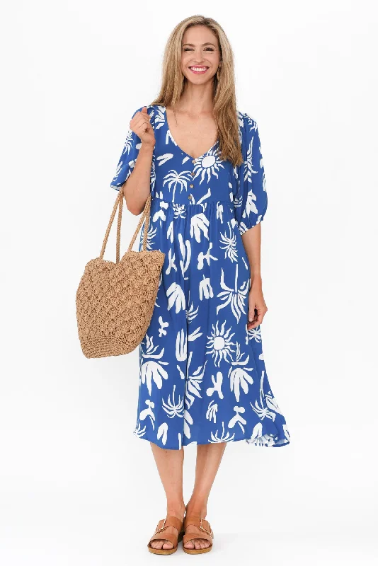 Kacey Blue Tropical Button Dress