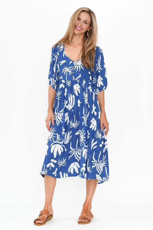 Kacey Blue Tropical Button Dress