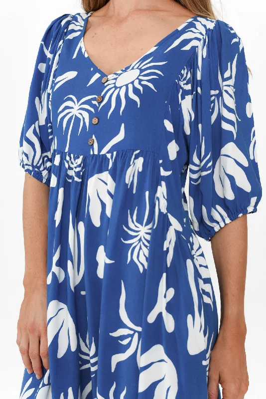 Kacey Blue Tropical Button Dress