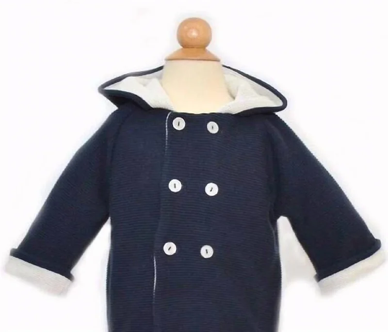 Kids Cotton Seedstitch Double Breasted Jacket In Navy/cream