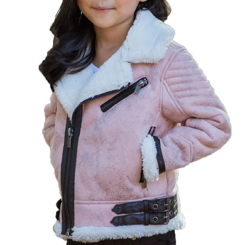 Kids Faux Suede Moto Sherpa Jacket In Pink