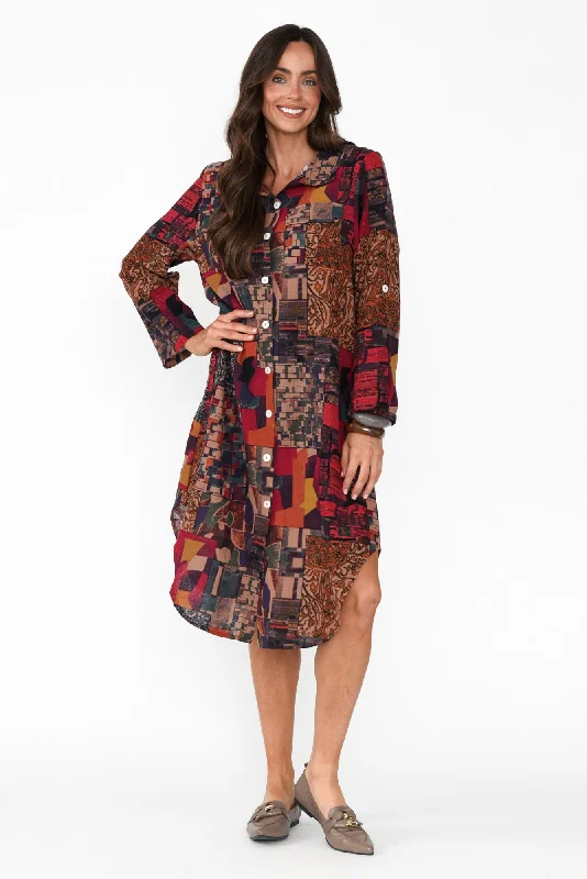 Kisley Red Abstract Cotton Linen Dress