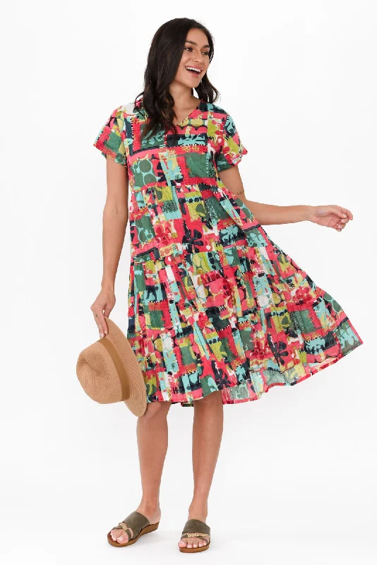 Lania Pink Patchwork Crinkle Cotton Dress