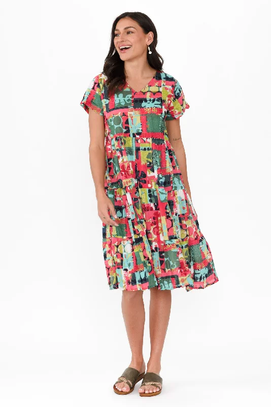 Lania Pink Patchwork Crinkle Cotton Dress